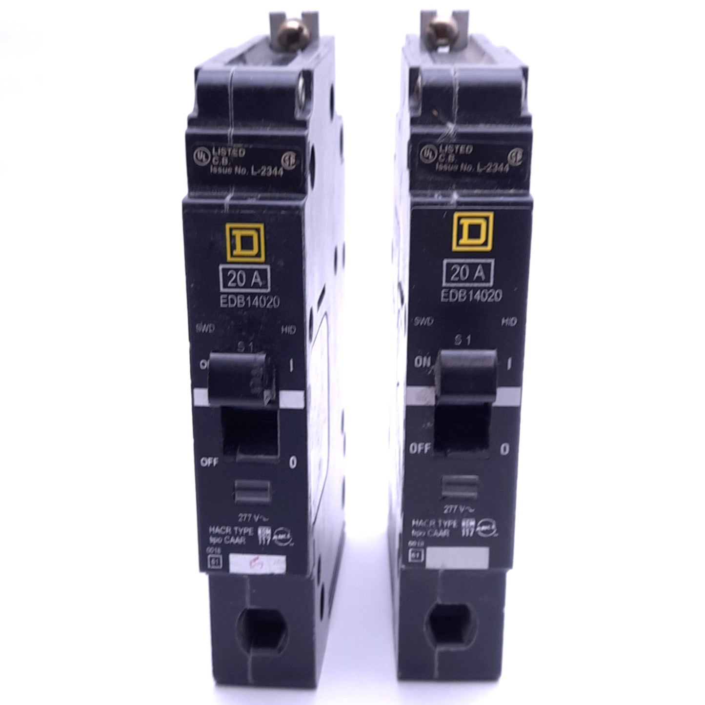 Used Lot of 2 Schneider EDB14020 Circuit Breakers, 1-Pole, 20A, 277VAC, Bolt-On