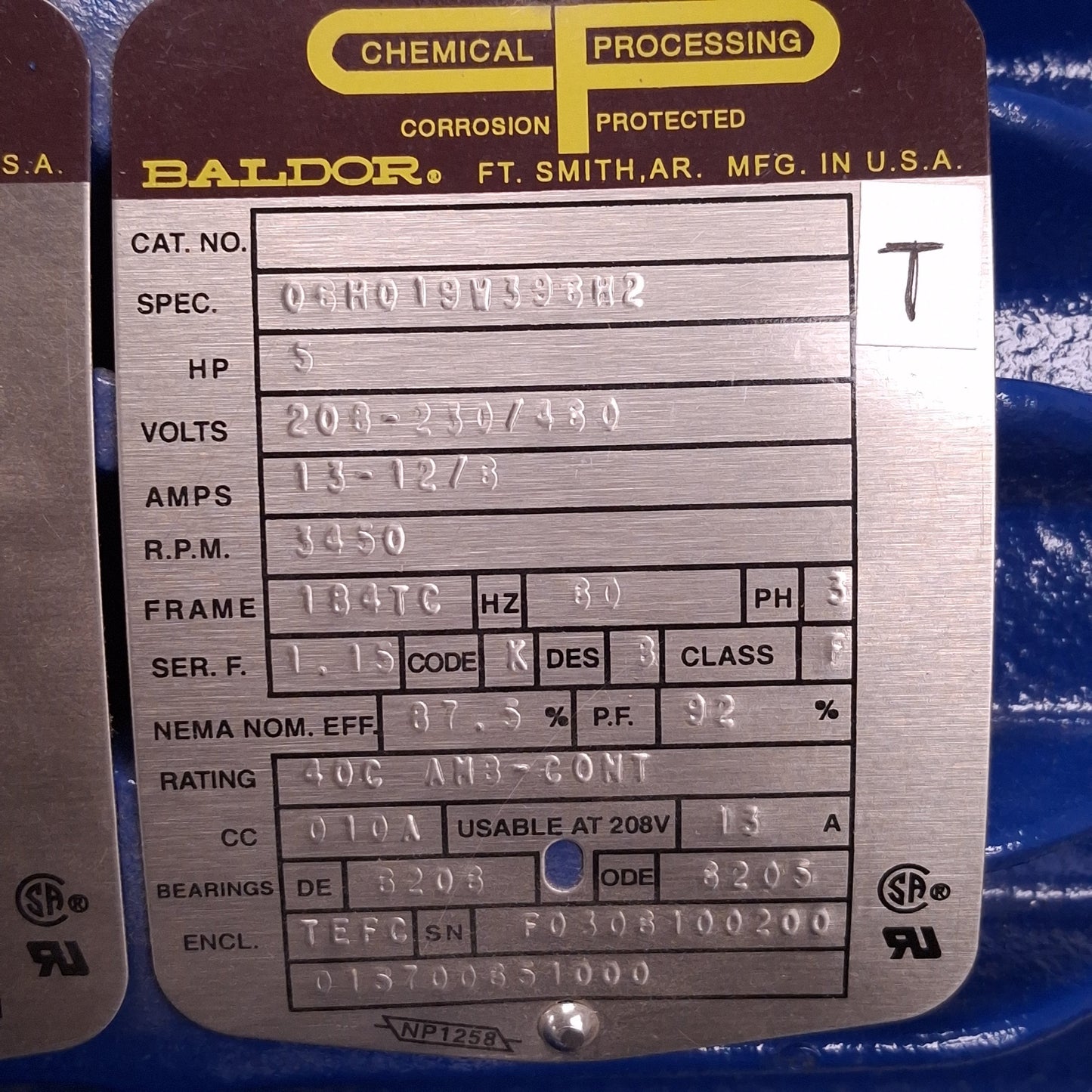 Used Baldor 06H019W396H2 Marine Duty Motor, 3Ø 208-230/460VAC, 5HP, 3450RPM, 184TC