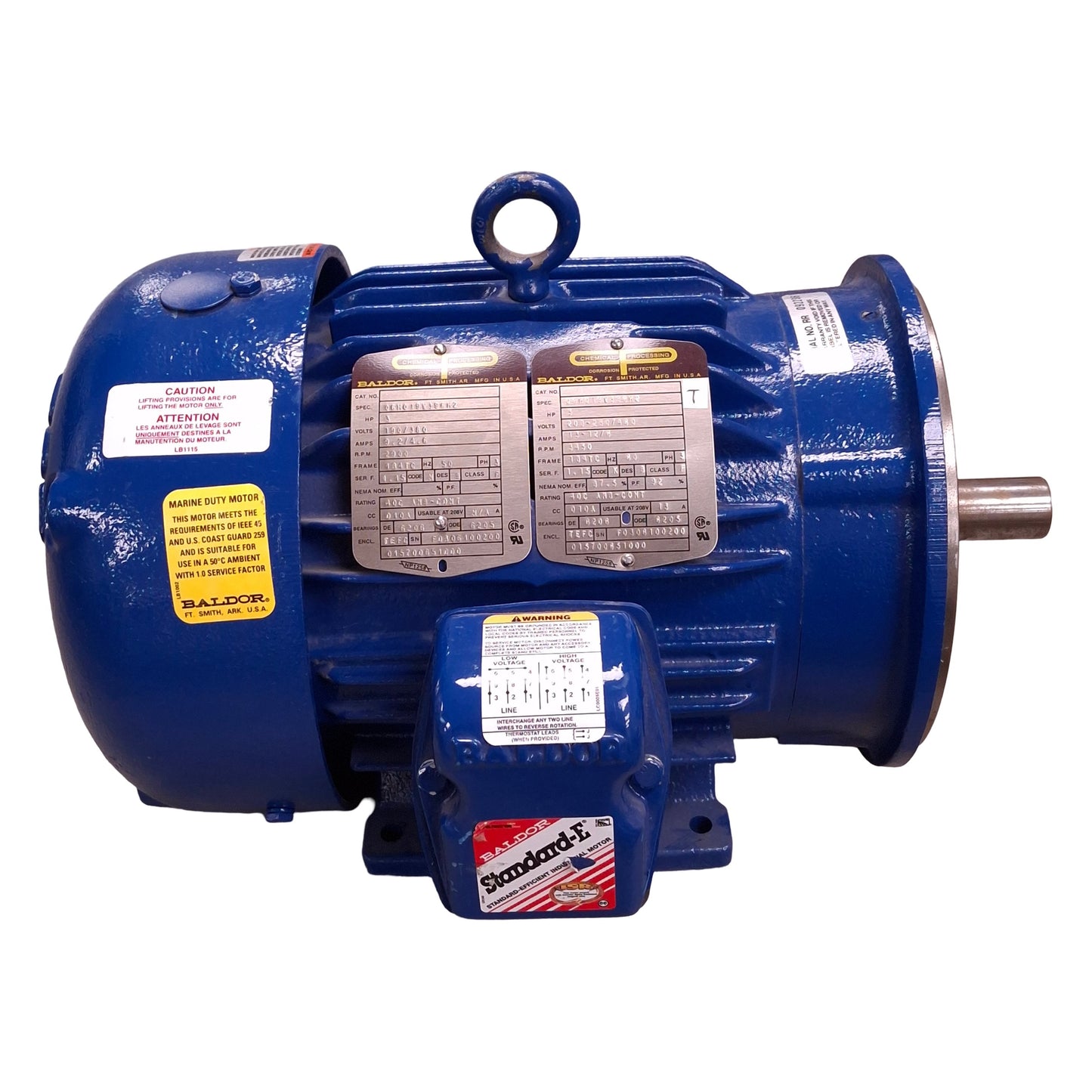 Used Baldor 06H019W396H2 Marine Duty Motor, 3Ø 208-230/460VAC, 5HP, 3450RPM, 184TC