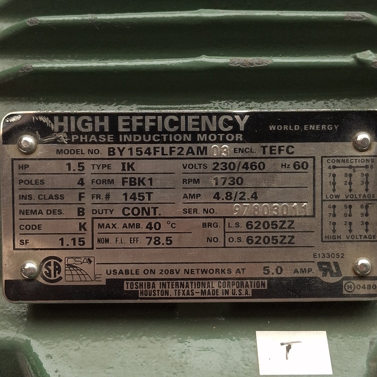 Used Toshiba BY154FLF2AM Induction Motor, 3Ø 230/460VAC, 1.5HP, 1730RPM, TEFC, 145T
