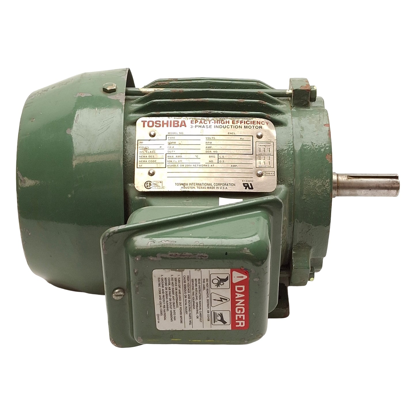 Used Toshiba BY154FLF2UMW Induction Motor, 3Ø 230/460VAC, 1.5HP, 1725RPM, TEFC, 145T