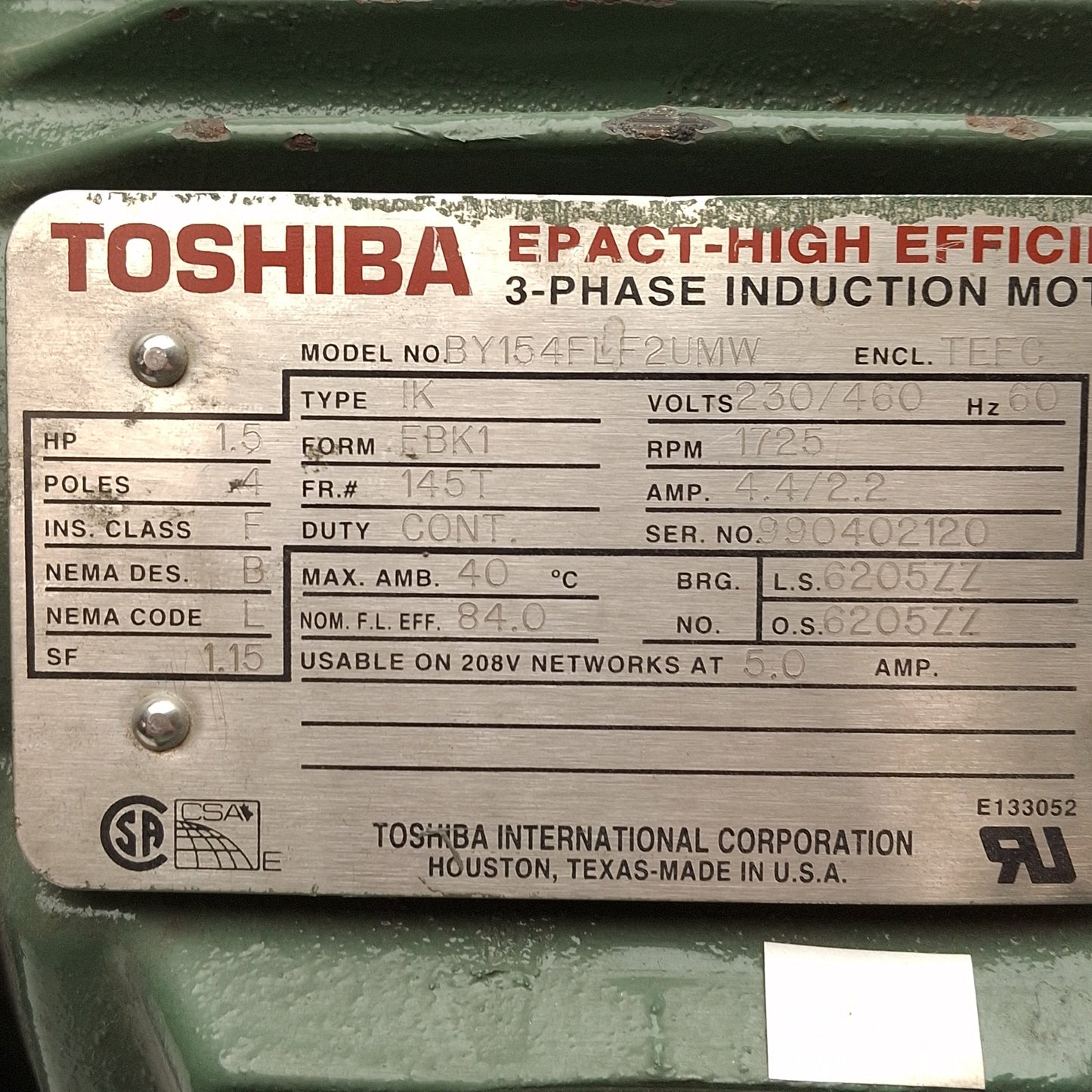 Used Toshiba BY154FLF2UMW Induction Motor, 3Ø 230/460VAC, 1.5HP, 1725RPM, TEFC, 145T