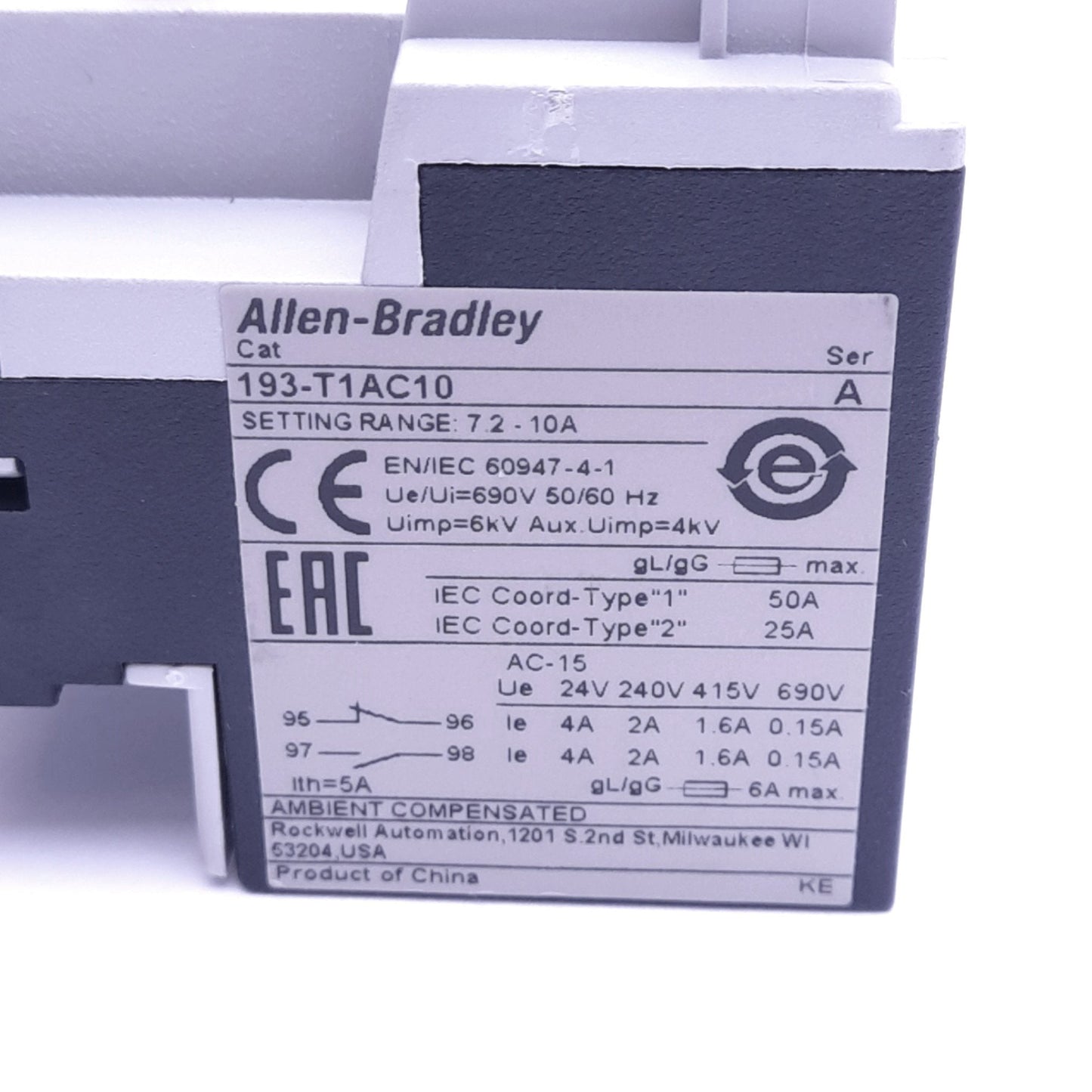 Used Allen Bradley 193-T1AC10 Bimetallic Overload Relay, 7.2-10A, 690VAC, 1NO 1NC