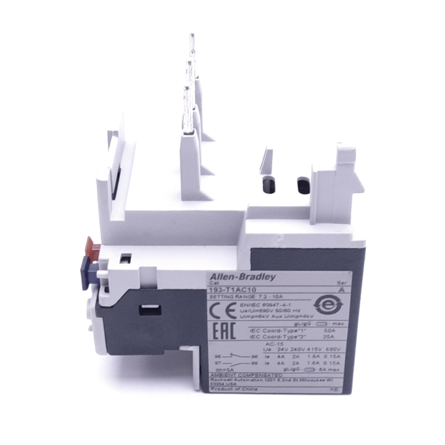 Used Allen Bradley 193-T1AC10 Bimetallic Overload Relay, 7.2-10A, 690VAC, 1NO 1NC