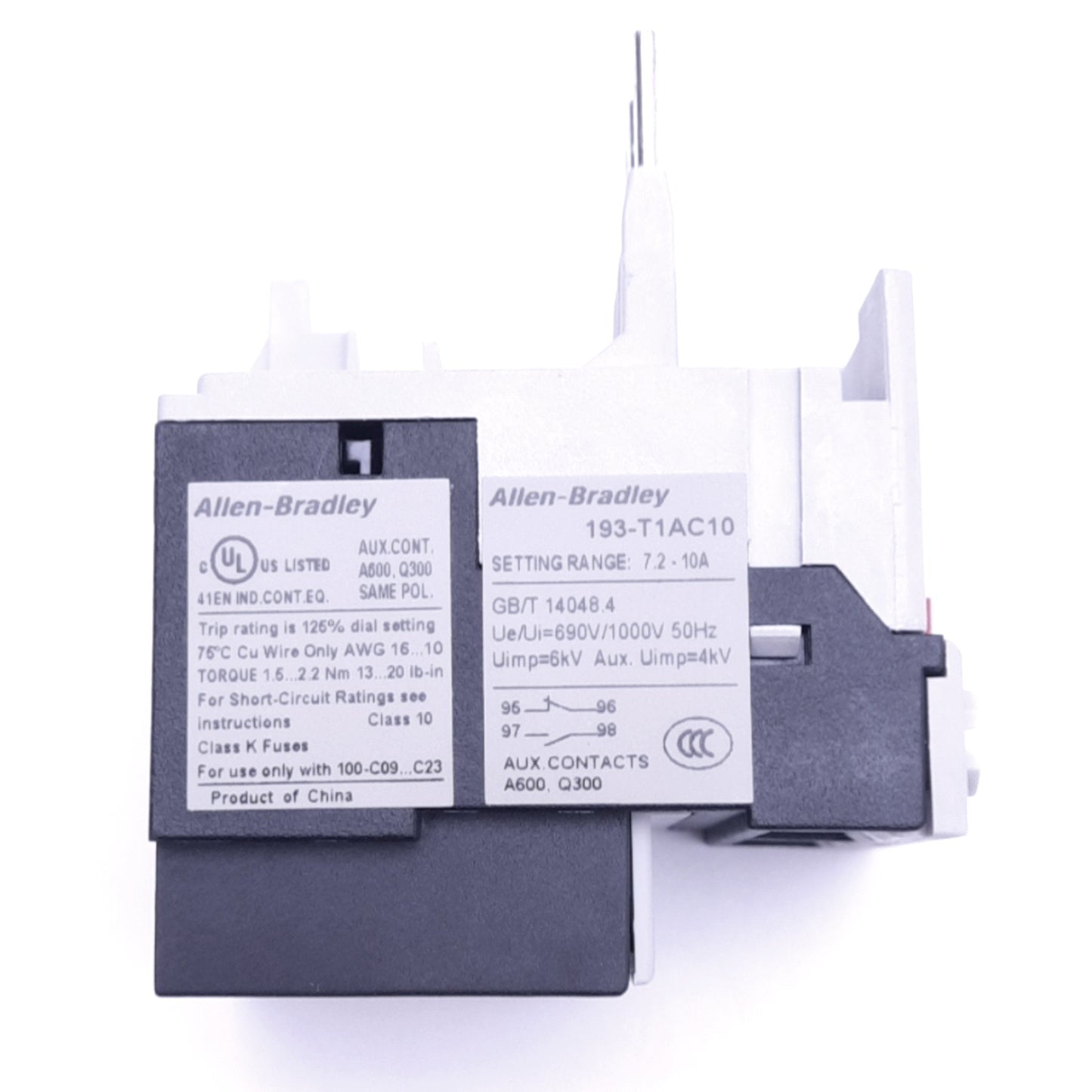 Used Allen Bradley 193-T1AC10 Bimetallic Overload Relay, 7.2-10A, 690VAC, 1NO 1NC