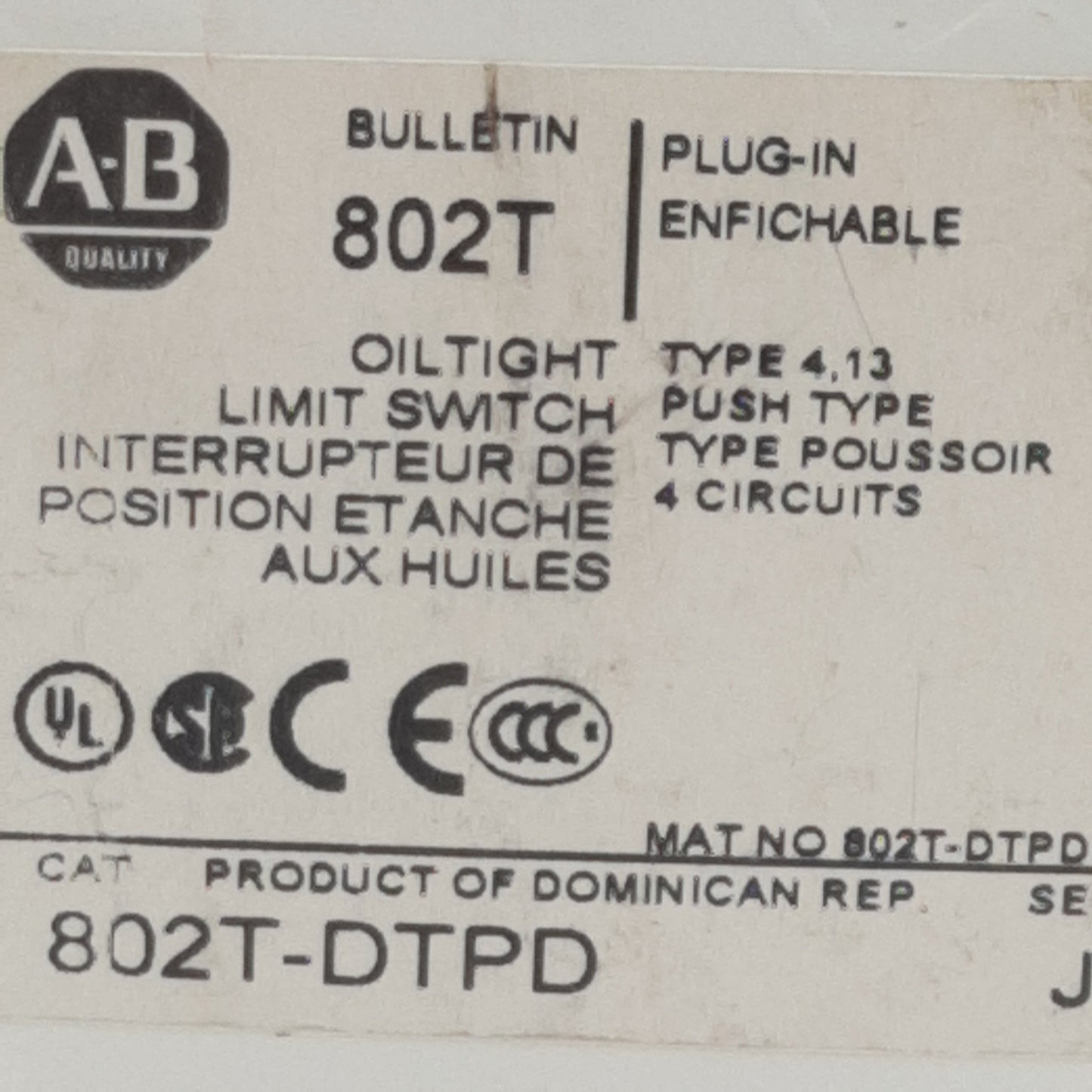 Used Allen Bradley 802T-DTPD Oiltight Limit Switch, 4-Circuit 2NO + 2NC, 10A 240VAC