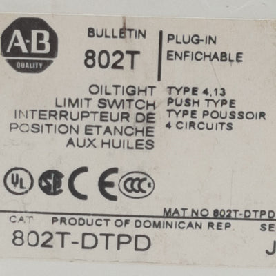 Used Allen Bradley 802T-DTPD Oiltight Limit Switch, 4-Circuit 2NO + 2NC, 10A 240VAC