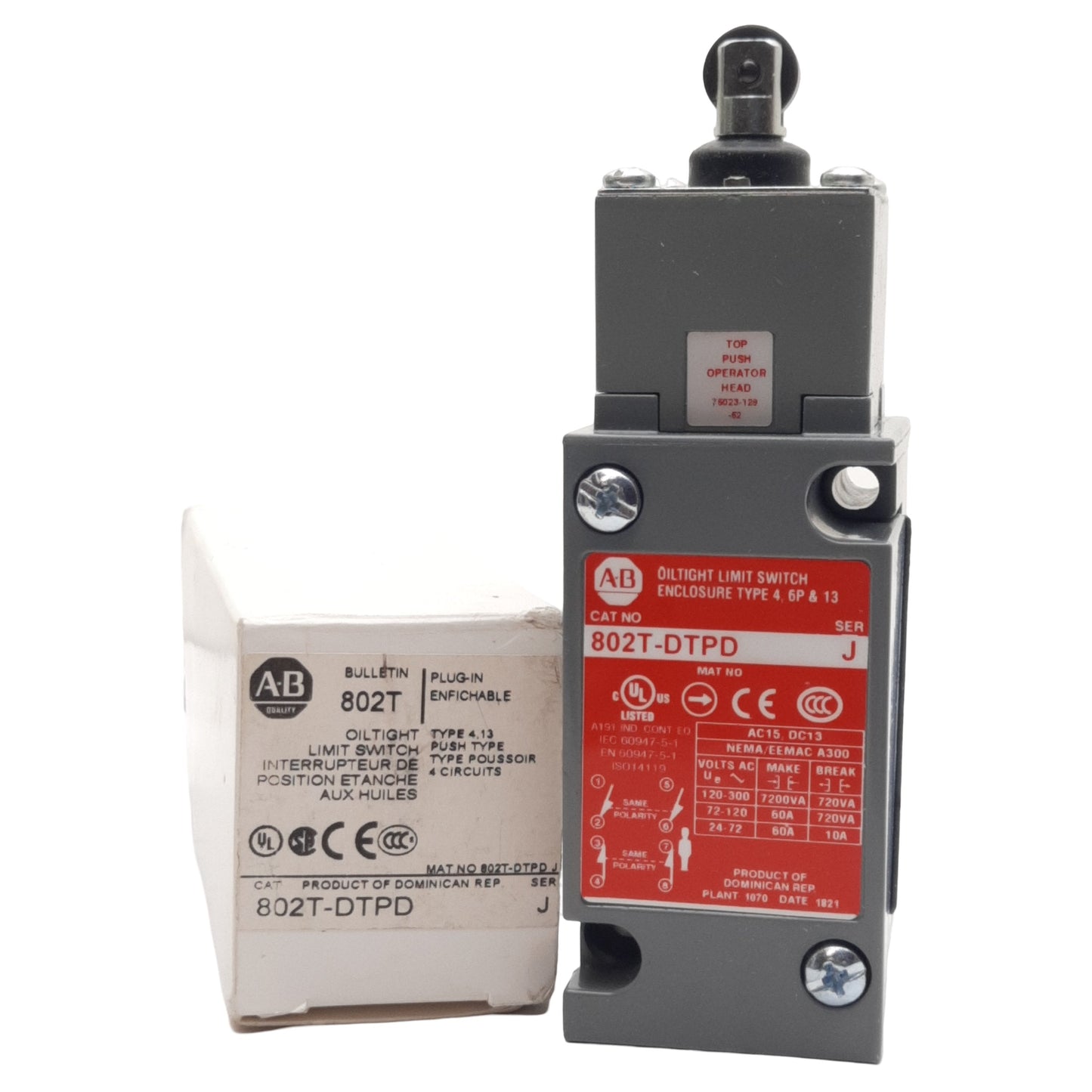 Used Allen Bradley 802T-DTPD Oiltight Limit Switch, 4-Circuit 2NO + 2NC, 10A 240VAC