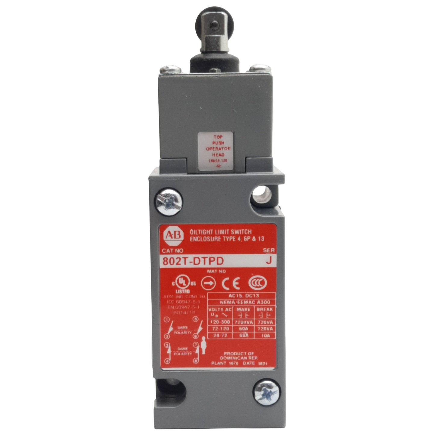 Used Allen Bradley 802T-DTPD Oiltight Limit Switch, 4-Circuit 2NO + 2NC, 10A 240VAC