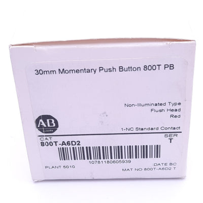 New Allen Bradley 800T-A6D2 Flush Push Button Switch, ø30mm, 1NC, 600VAC 10A