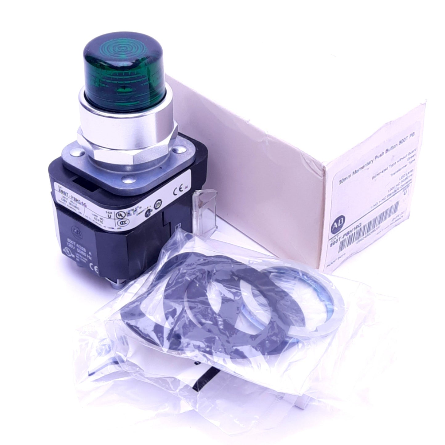 New Allen Bradley 800T-PBH16G Illuminated Pushbutton Switch, ø30mm, 1NC 1NO, 120VAC