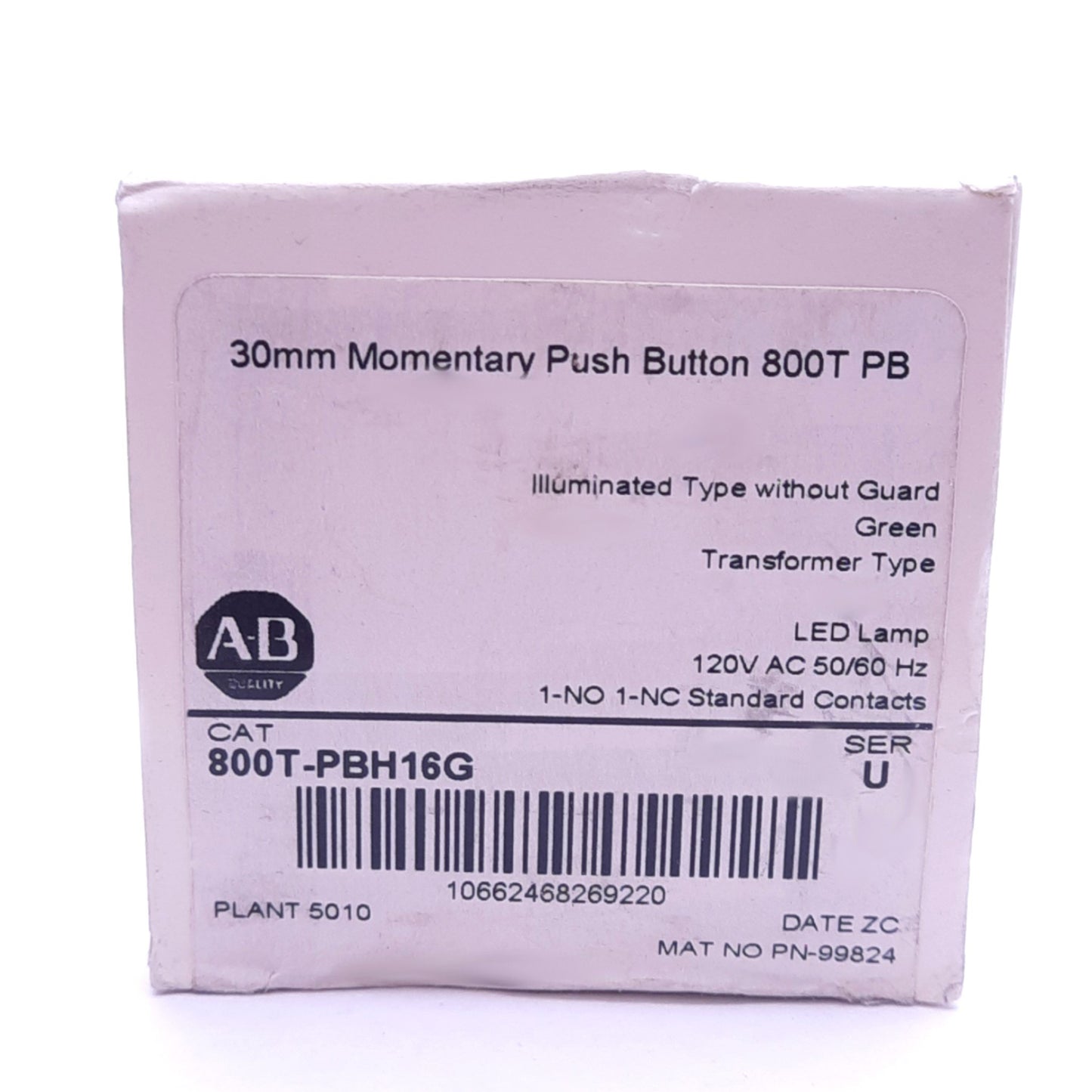 New Allen Bradley 800T-PBH16G Illuminated Pushbutton Switch, ø30mm, 1NC 1NO, 120VAC