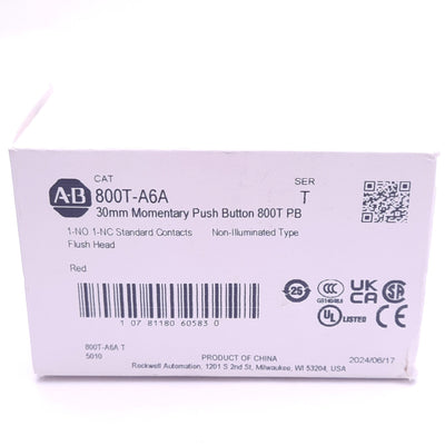 New Allen Bradley 800T-A6A Flush Momentary Pushbutton, ø30mm, 1NO 1NC, 600VAC 10A