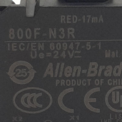 Used Allen Bradley 800F-N3R LED Module, Red 17mA, 24VAC/VDC, 22mm, Latch Mount