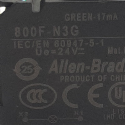 Used Allen Bradley 800F-N3G LED Module, Green 17mA, 24VAC/VDC, 22mm, Latch Mount