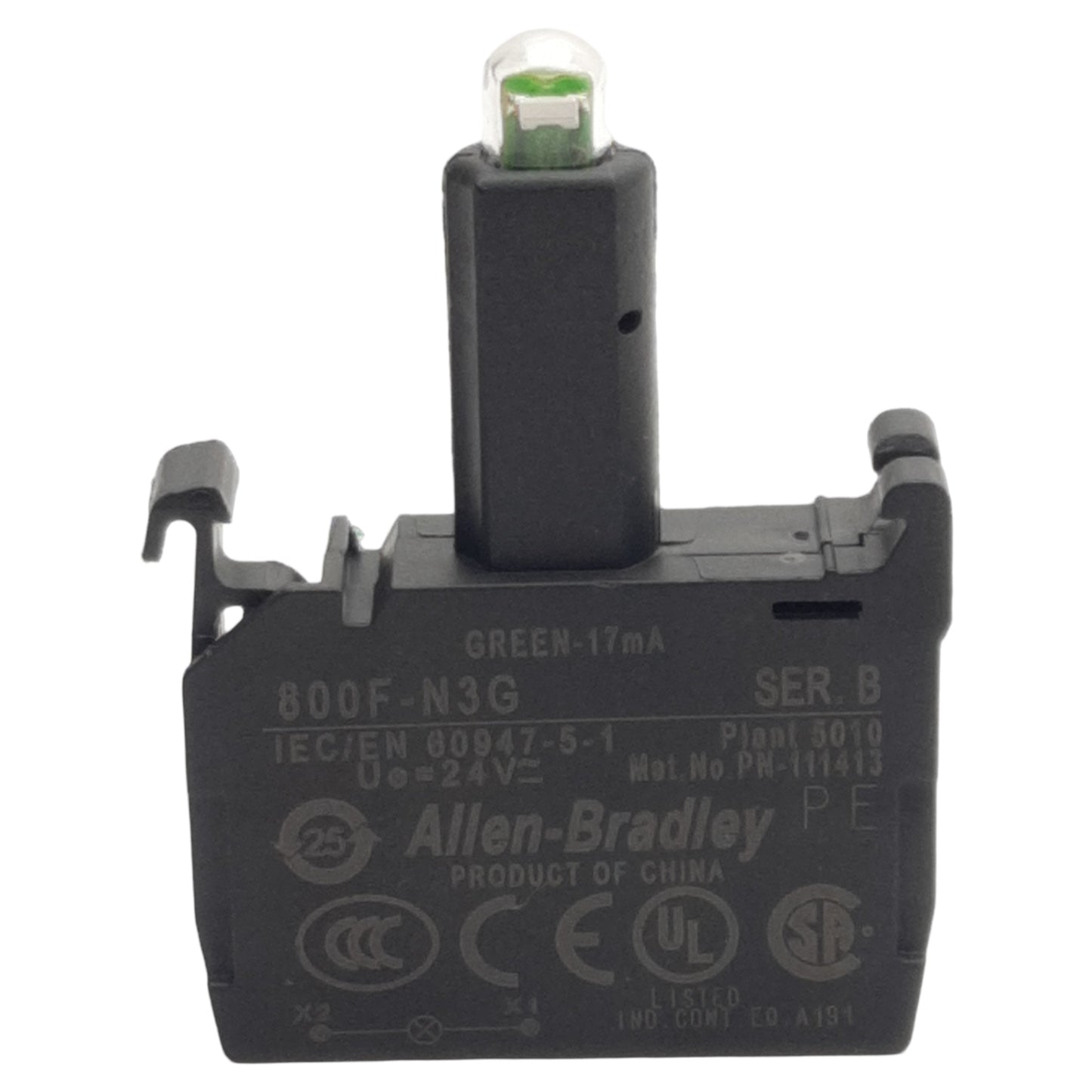 Used Allen Bradley 800F-N3G LED Module, Green 17mA, 24VAC/VDC, 22mm, Latch Mount