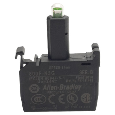 Used Allen Bradley 800F-N3G LED Module, Green 17mA, 24VAC/VDC, 22mm, Latch Mount