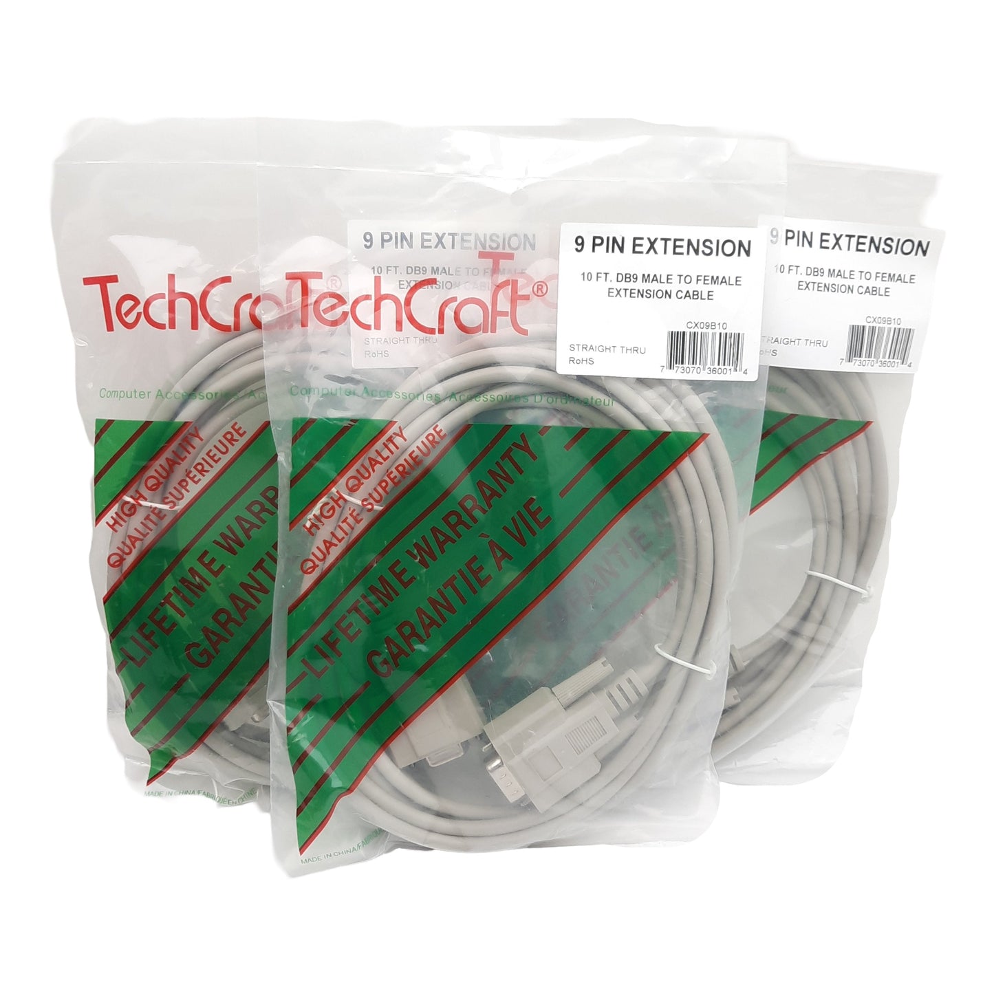 New Lot of 3 TechCraft CX09B10 Serial Cable Extension, DB9M to DB9F Connection, 3m