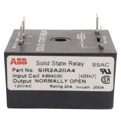 Used ABB SIR2A20A4 Solid State Relay, 9-30VAC/VDC In, 1N.O. 20A 120VAC Out, 4-Pin