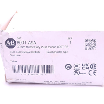 New Allen Bradley 800T-A9A Push Button Switch, ø30mm, 1NO 1NC, 600VAC 10A, Momentary