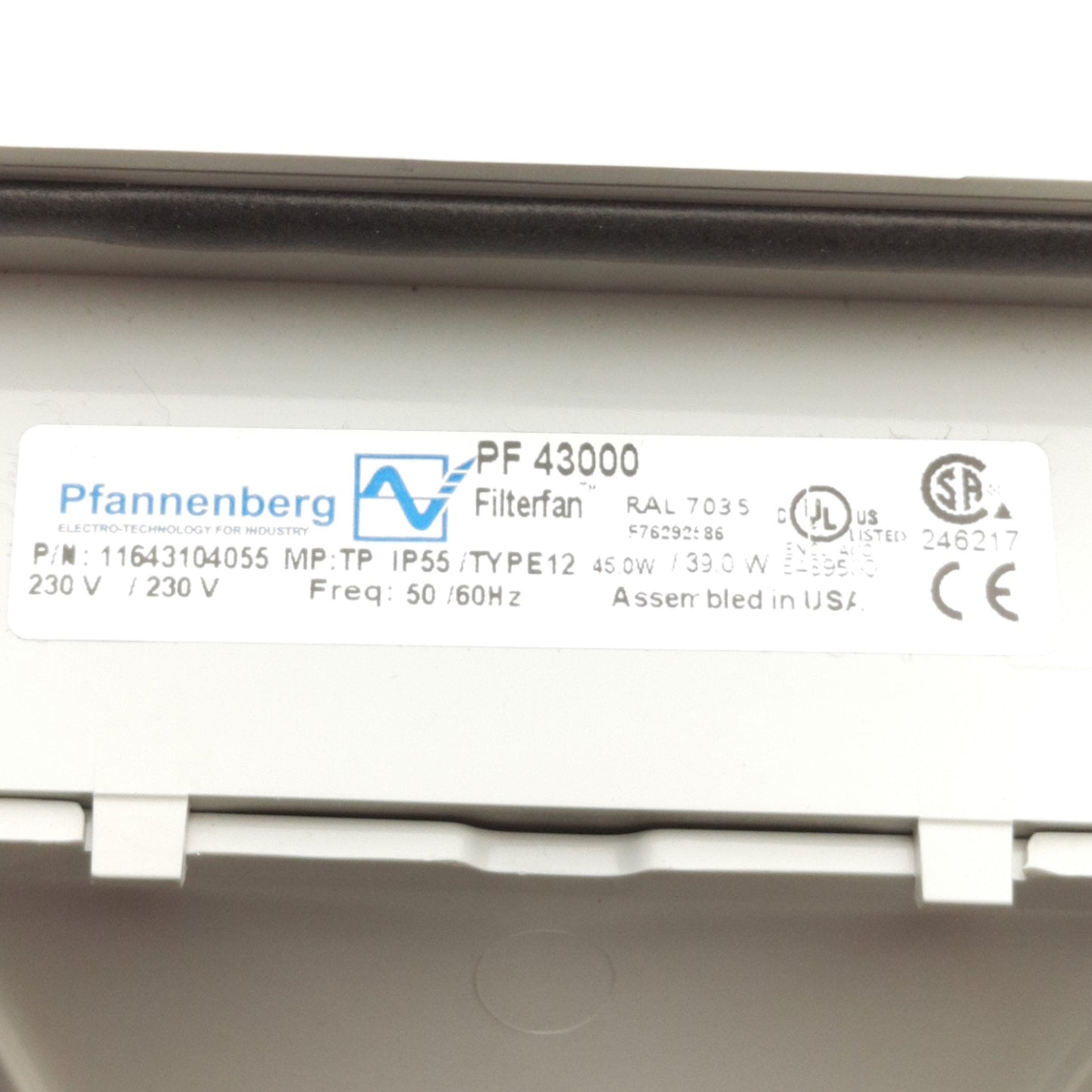 New – Open box Pfannenberg PF 43000 Filter Fan Assembly, 230VAC, 252 x 252 x 113mm, G4 Filter