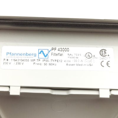 New – Open box Pfannenberg PF 43000 Filter Fan Assembly, 230VAC, 252 x 252 x 113mm, G4 Filter