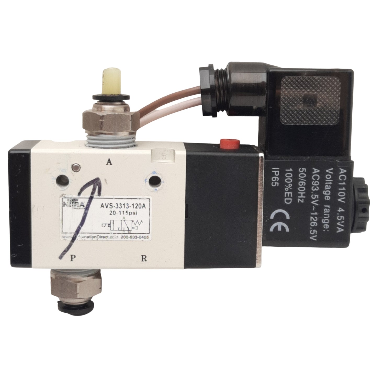 Used Nitra AVS-3313-120A Solenoid Valve, 3-Way 1NC, 20-115psi, 3/8in NPT, 120VAC Coil