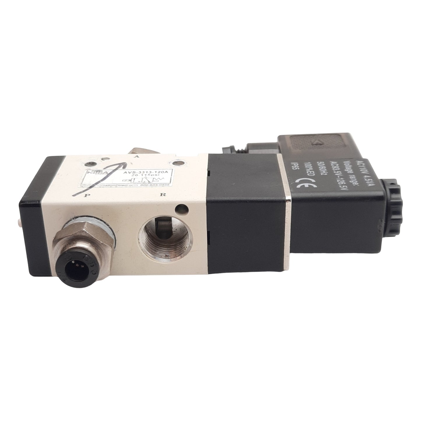 Used Nitra AVS-3313-120A Solenoid Valve, 3-Way 1NC, 20-115psi, 3/8in NPT, 120VAC Coil