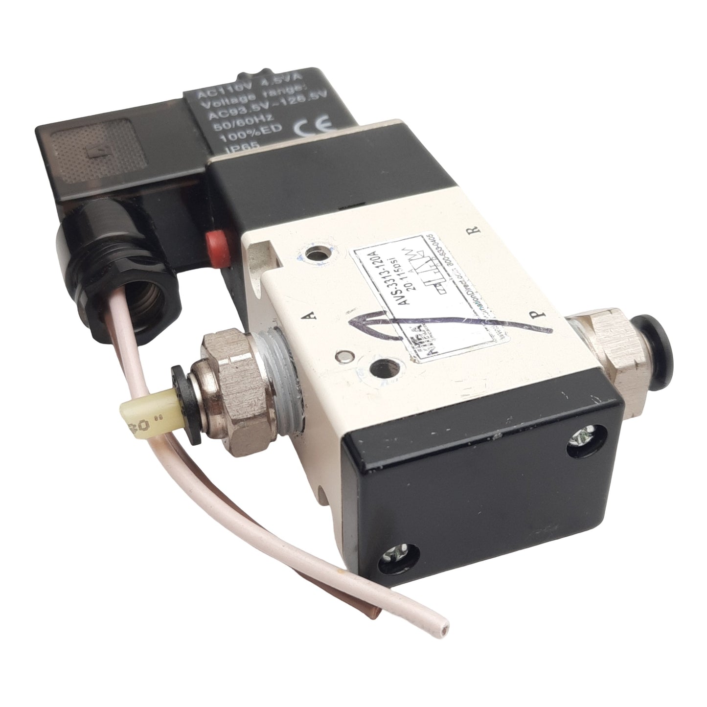 Used Nitra AVS-3313-120A Solenoid Valve, 3-Way 1NC, 20-115psi, 3/8in NPT, 120VAC Coil