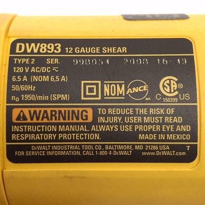 Used Dewalt DW893 Heavy Duty 12-Gauge Electric Shear, 1950 SPM, 120VAC/DC 6.5A