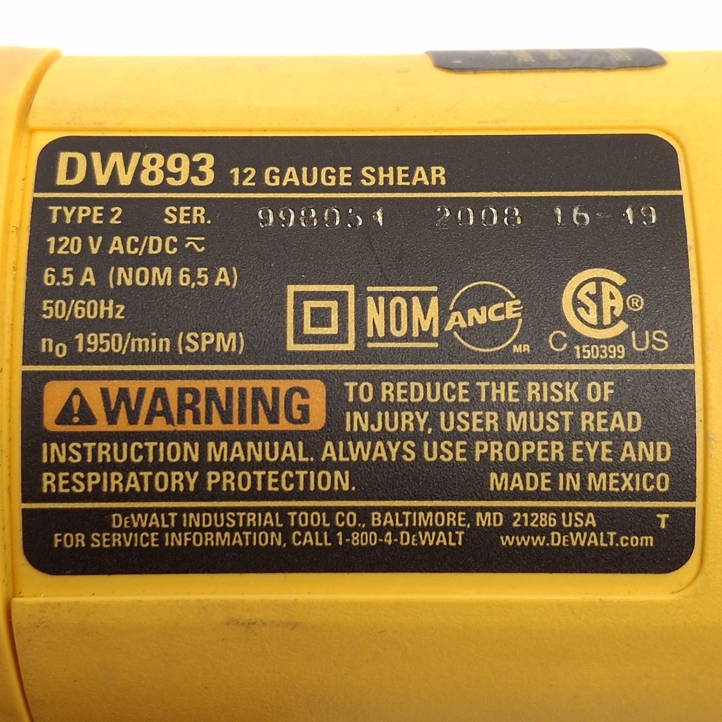 Used Dewalt DW893 Heavy Duty 12-Gauge Electric Shear, 1950 SPM, 120VAC/DC 6.5A