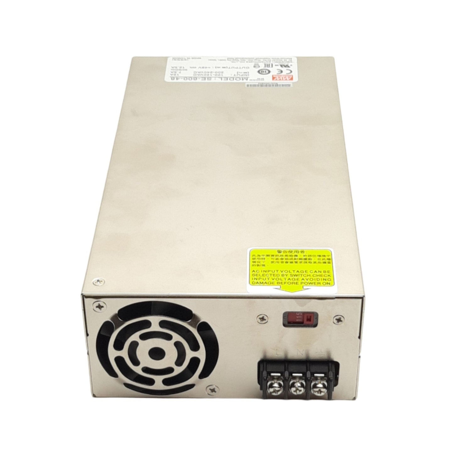 Used Meanwell SE-600-48 AC-DC Power Supply, 100/120 200/240VAC, 48VDC Out 12.5A 600W