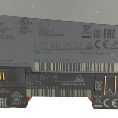Used B&R X20A02632 I/O PLC Module, 2 Analog Outputs, +/-10V or 0-20mA, 16-bit