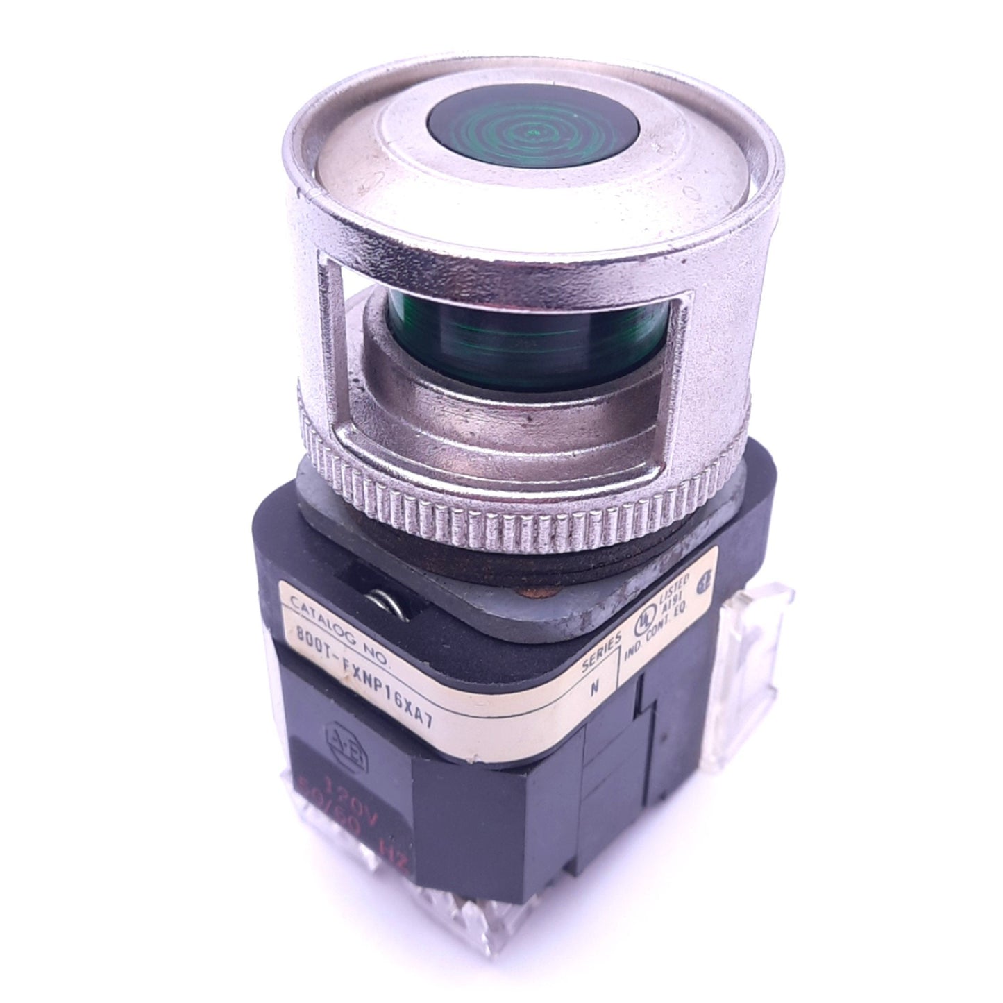 Used Allen Bradley 800T-FXNP16XA7 Pushbutton Switch w/ Guard, ø30mm, 1NC 1NCLB, 120V