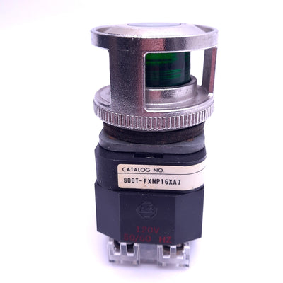 Used Allen Bradley 800T-FXNP16XA7 Pushbutton Switch w/ Guard, ø30mm, 1NC 1NCLB, 120V