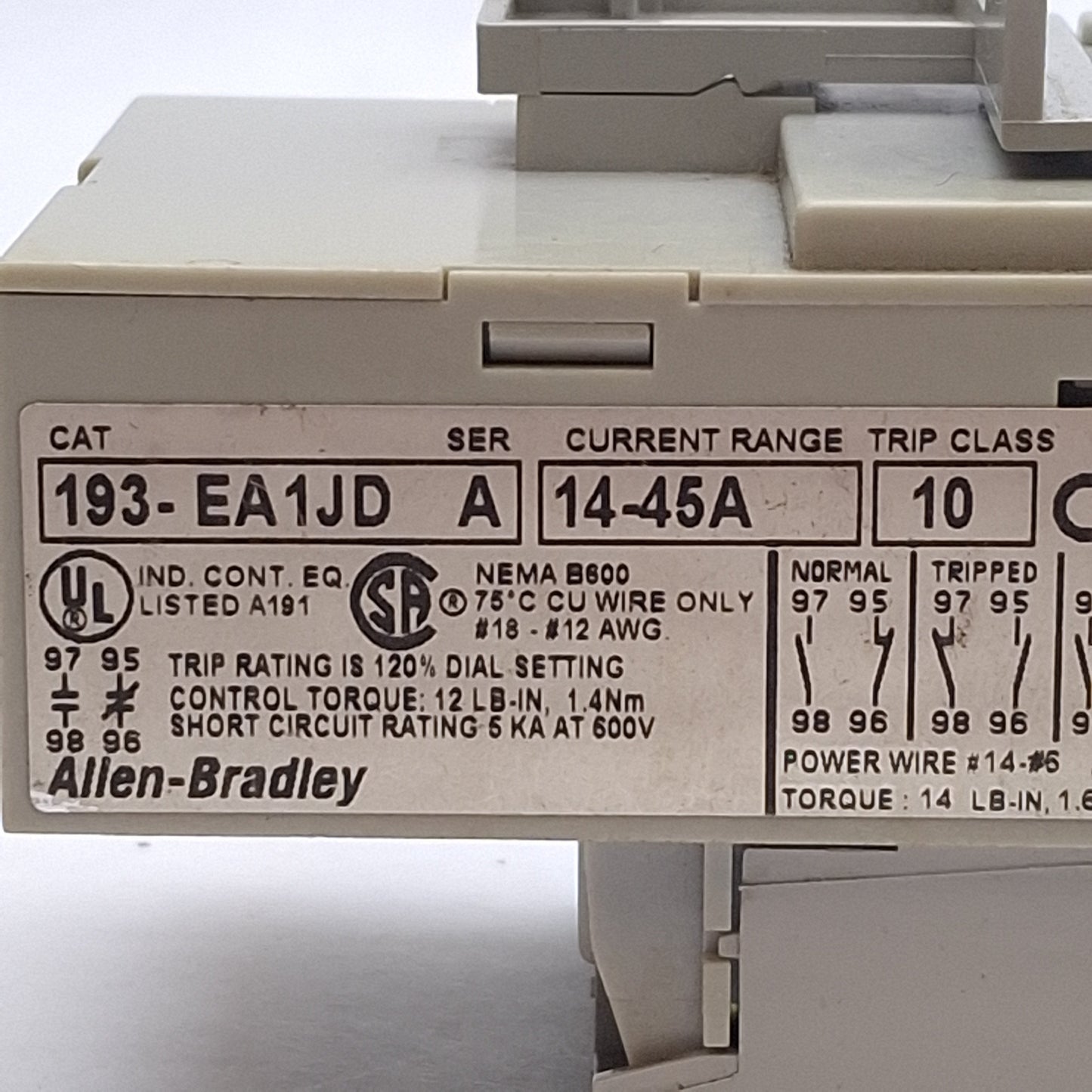 Used Allen Bradley 193-EA1JD Overload Relay, 1NO+1NC, 14-45A, 3Ø 600VAC, Class 10