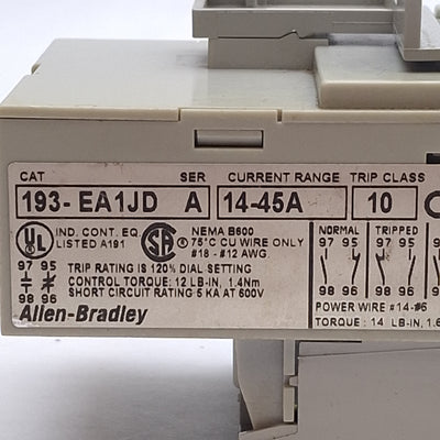 Used Allen Bradley 193-EA1JD Overload Relay, 1NO+1NC, 14-45A, 3Ø 600VAC, Class 10