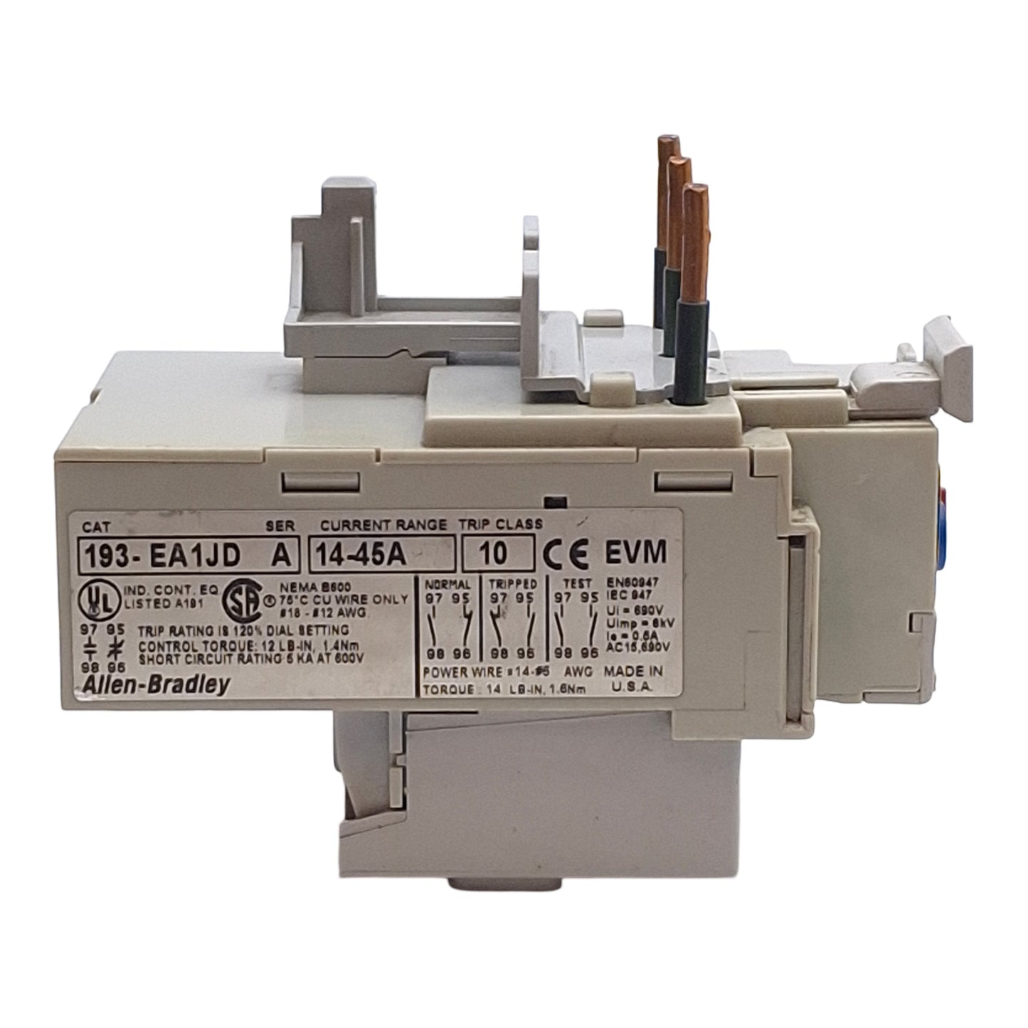 Used Allen Bradley 193-EA1JD Overload Relay, 1NO+1NC, 14-45A, 3Ø 600VAC, Class 10