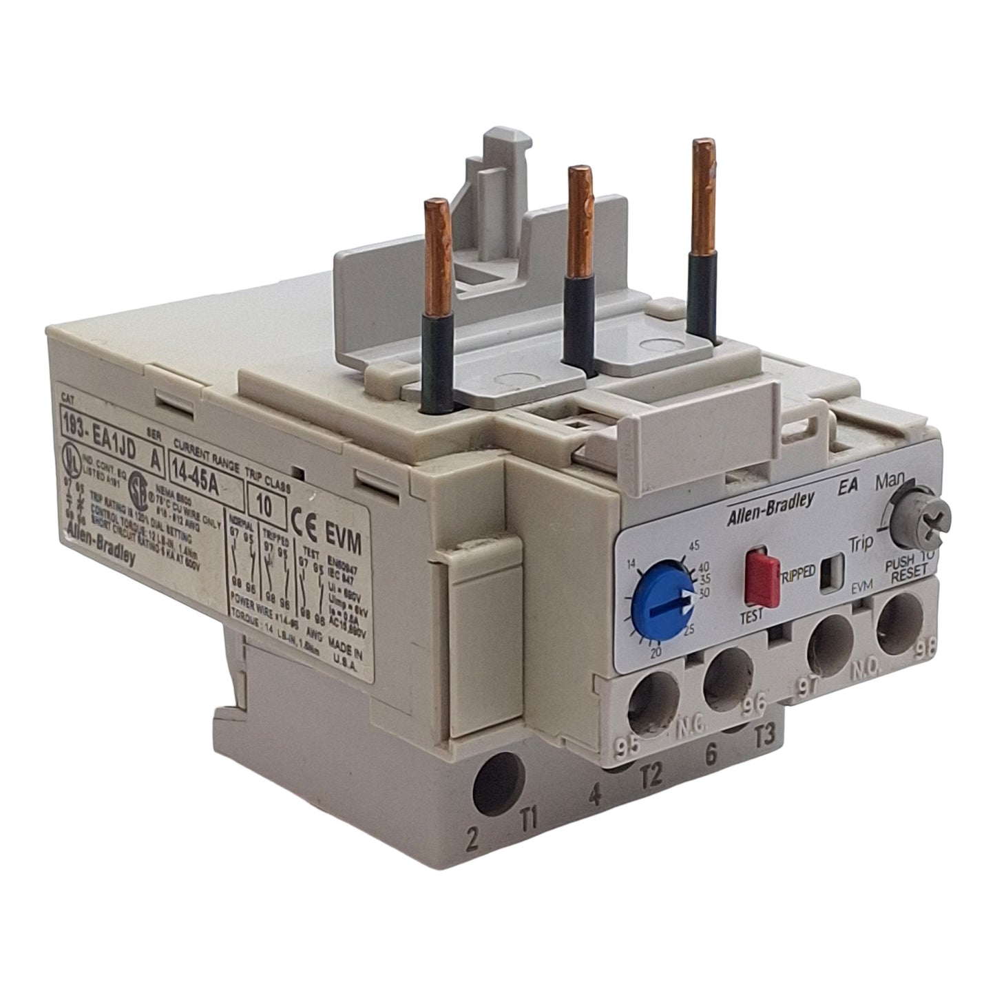 Used Allen Bradley 193-EA1JD Overload Relay, 1NO+1NC, 14-45A, 3Ø 600VAC, Class 10