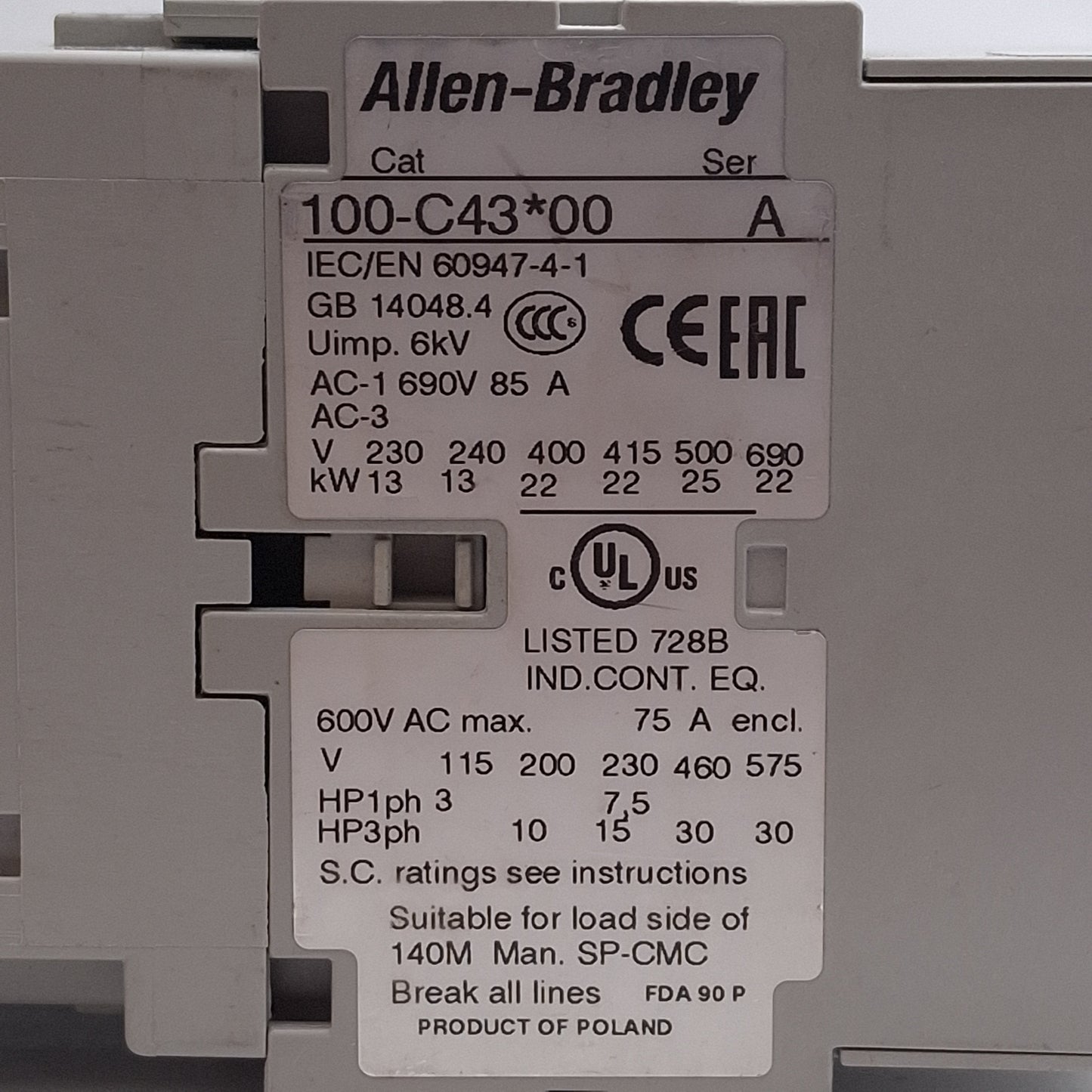 Used Allen Bradley 100-C43D00 IEC Contactor, 3-Pole, 43A, 30kW @ 575VAC, 120VAC Coil