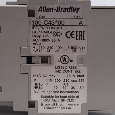 Used Allen Bradley 100-C43D00 IEC Contactor, 3-Pole, 43A, 30kW @ 575VAC, 120VAC Coil