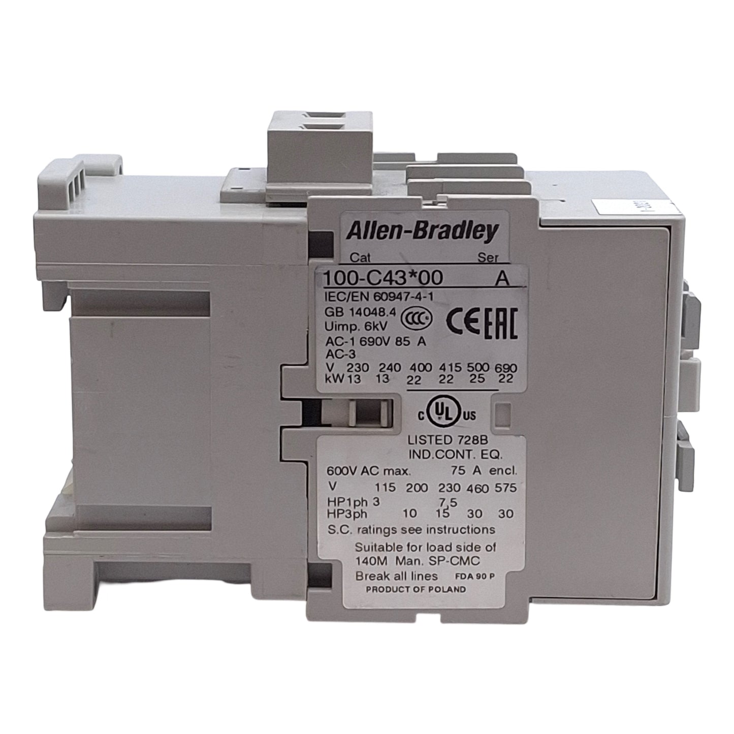 Used Allen Bradley 100-C43D00 IEC Contactor, 3-Pole, 43A, 30kW @ 575VAC, 120VAC Coil