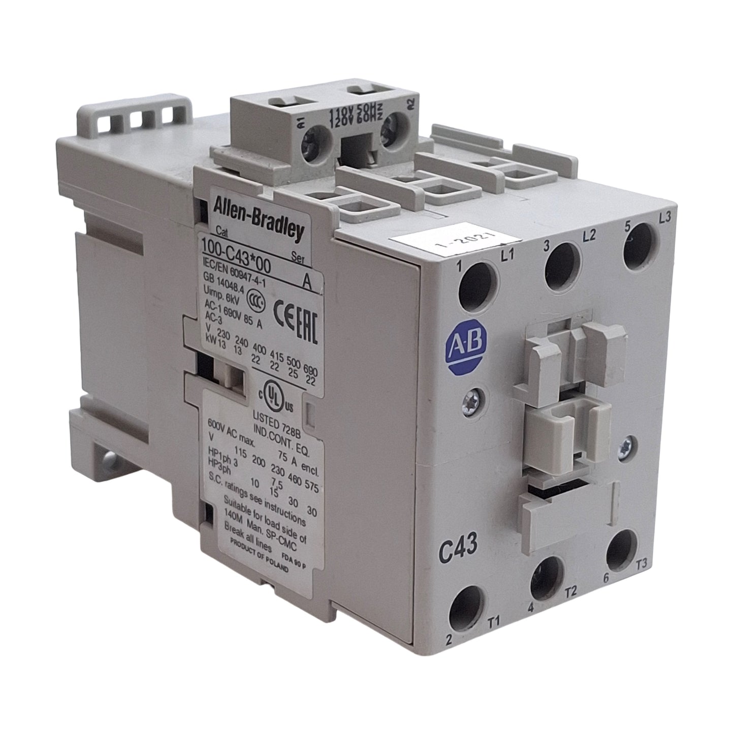 Used Allen Bradley 100-C43D00 IEC Contactor, 3-Pole, 43A, 30kW @ 575VAC, 120VAC Coil