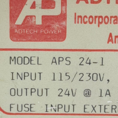 Used Adtech Power APS 24-1 Power Supply, 115/230VAC In, 24VDC 1A Out, Bracket Mount