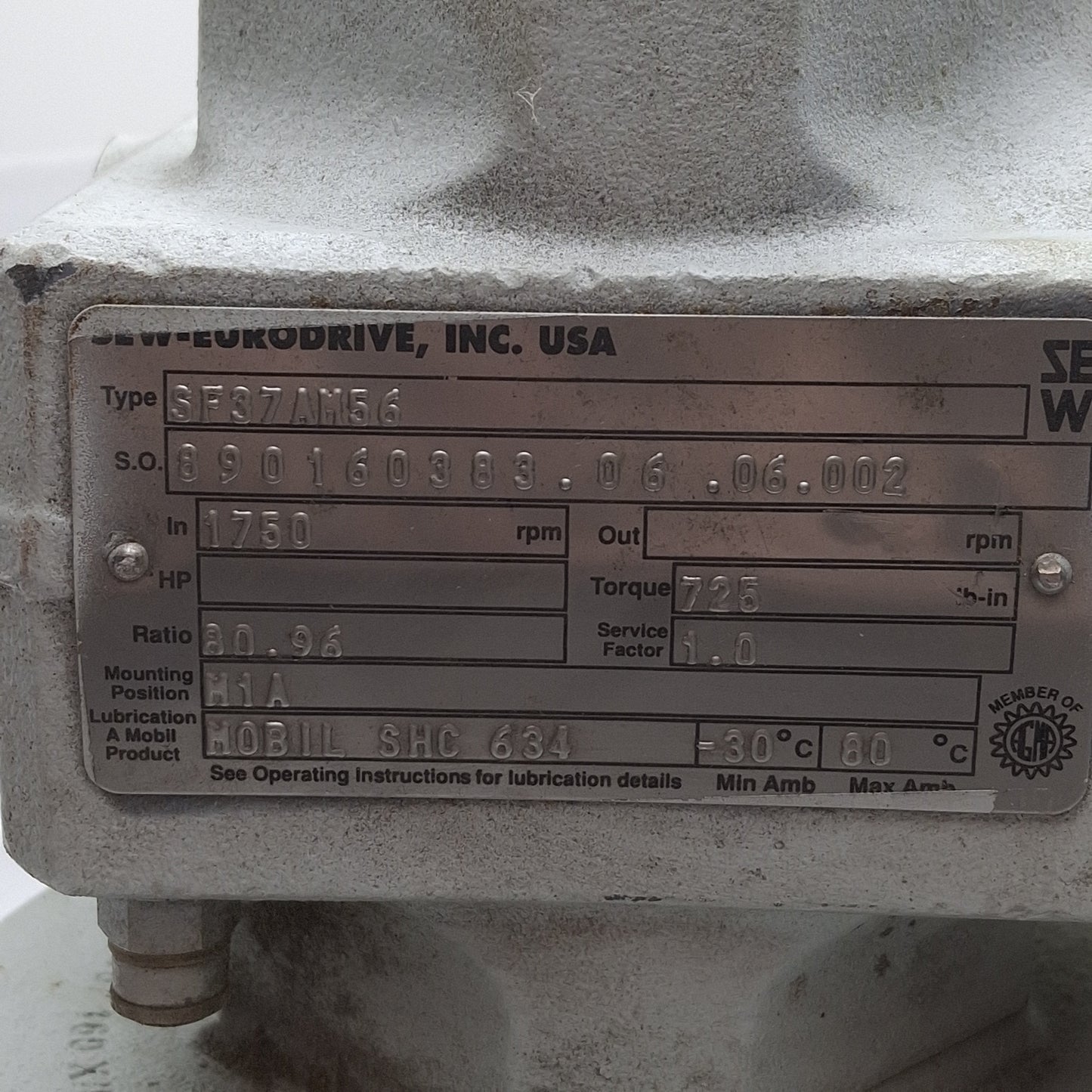 Used Sew-Eurodrive SF37AM56 Gear Reducer, 80.96:1 Ratio, 1750rpm Input, 725lb-in