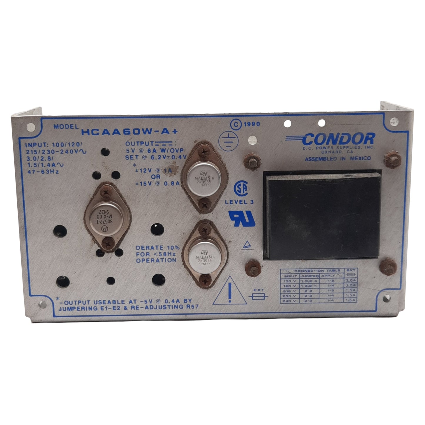 Used Condor HCAA60W-A+ Power Supply, 100-240VAC In, 5VDC, 12-15VDC 1-6A Out