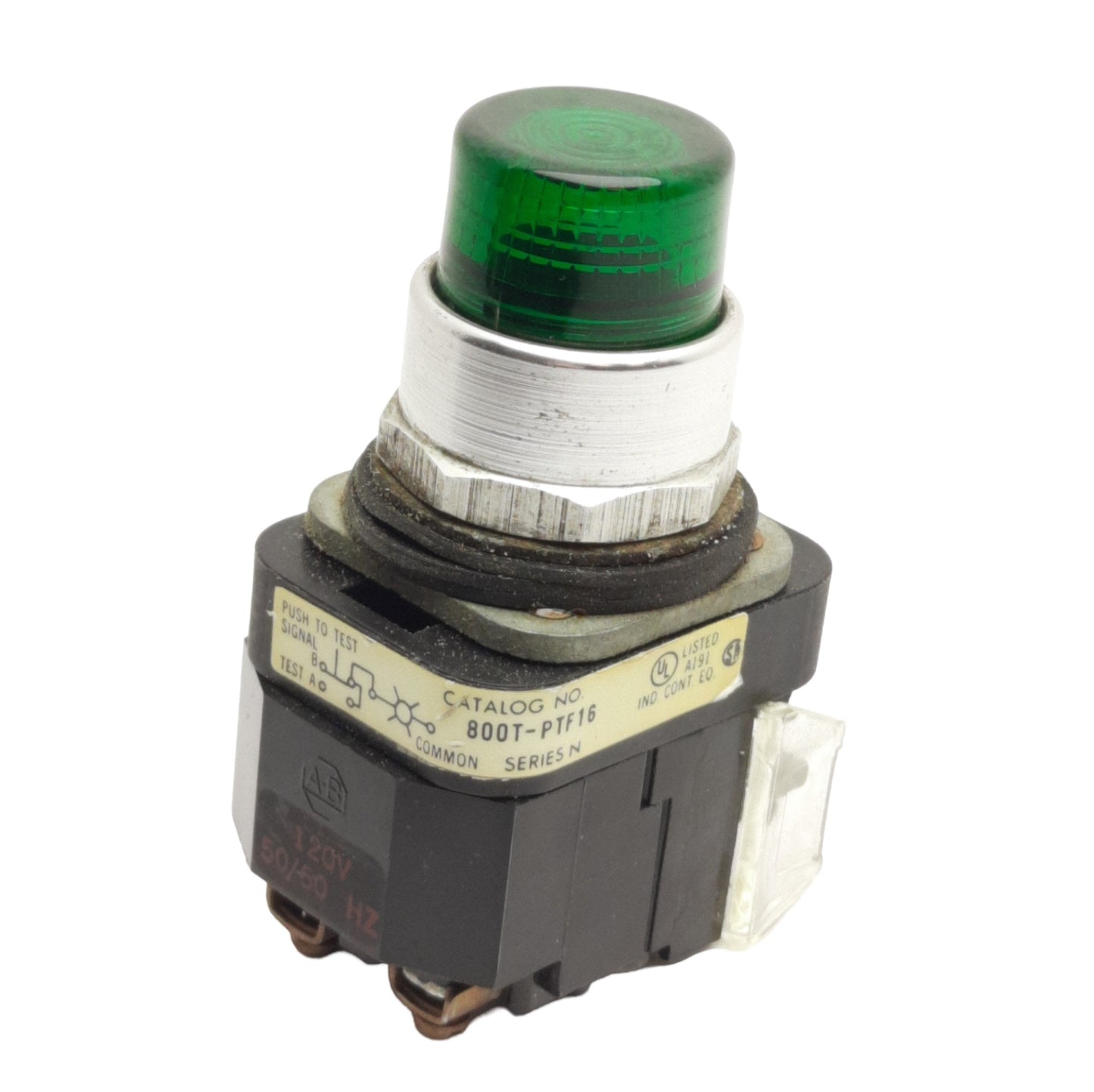Used Allen Bradley 800T-PTF16 Push/Test Pushbutton, 120VAC Lamp, 1NO/1NC, *No Bulb*