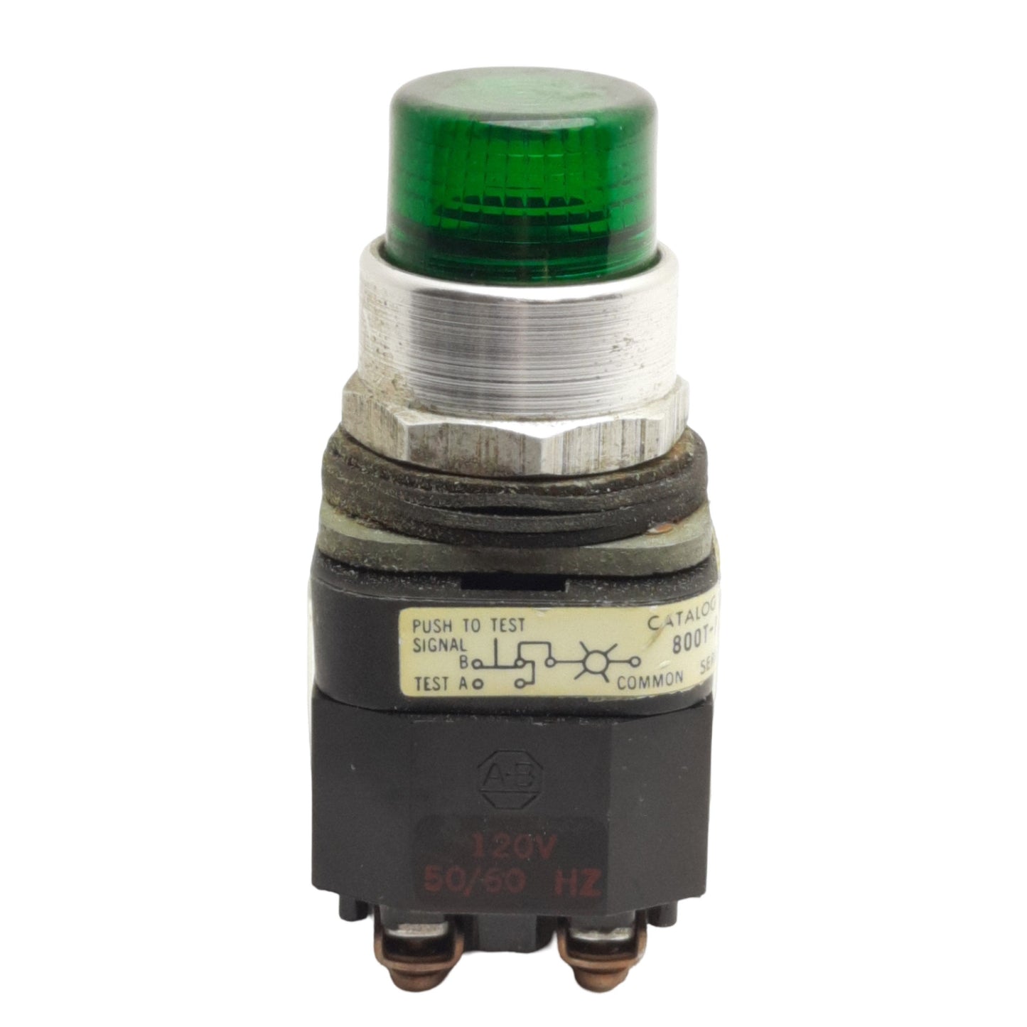 Used Allen Bradley 800T-PTF16 Push/Test Pushbutton, 120VAC Lamp, 1NO/1NC, *No Bulb*