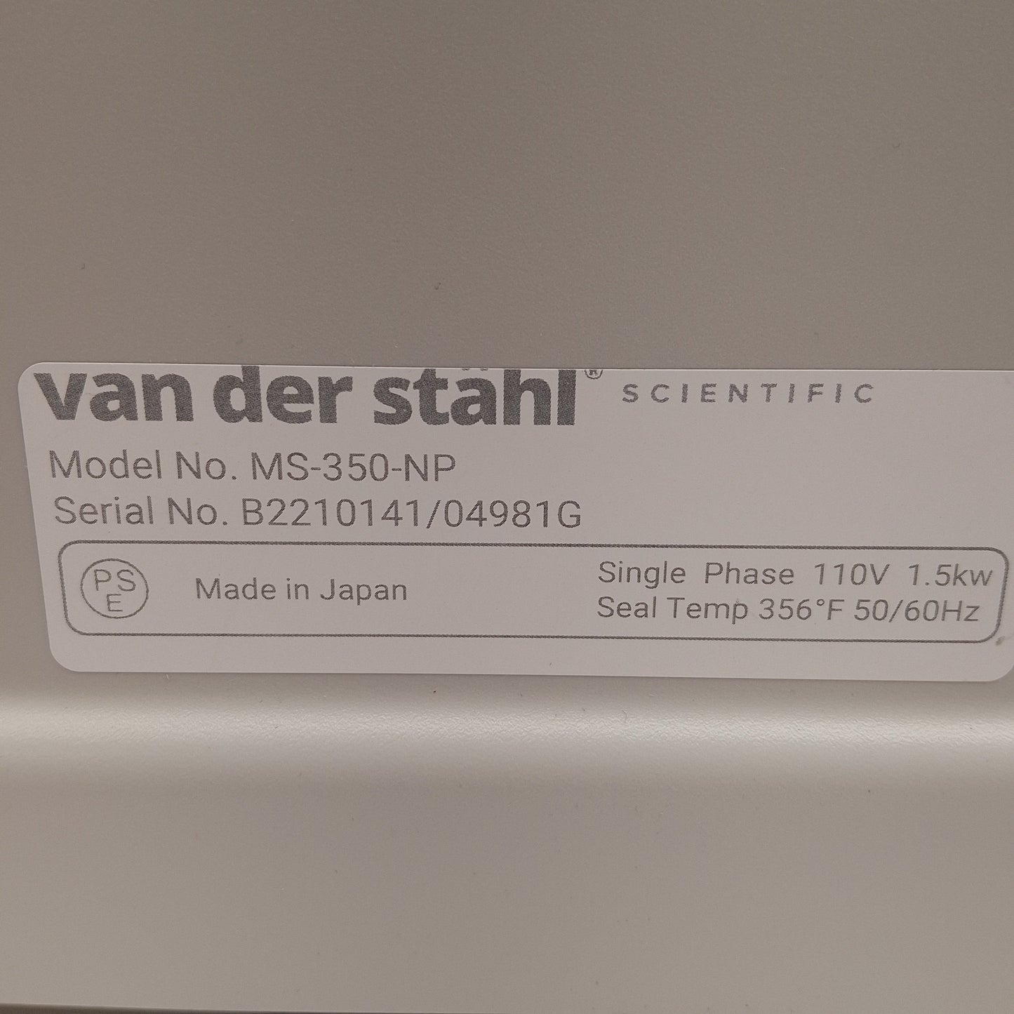 Used Van Der Stahl MS-350-NP Medical Pouch Sealer w/ Switch, 140-400°F Seal, 110VAC