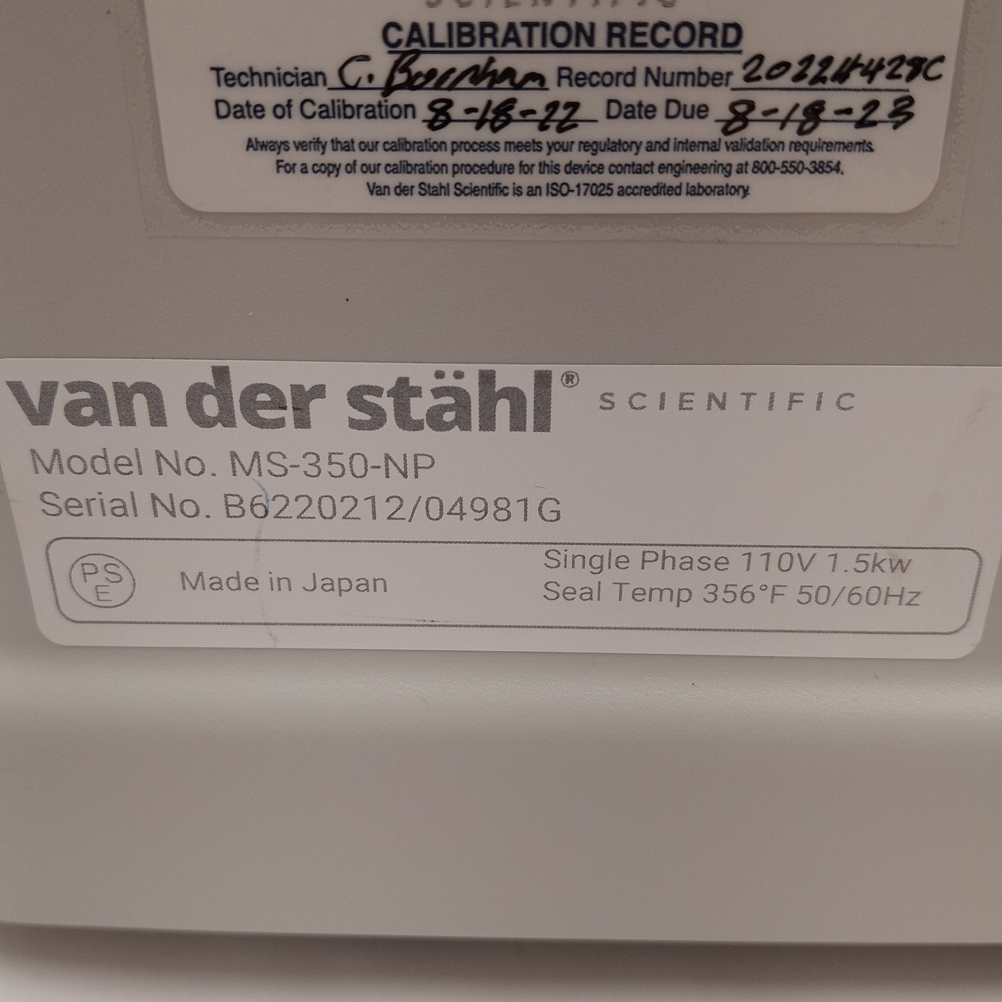 Used Van Der Stahl MS-350-NP Medical Pouch Sealer w/ Switch 140-400°F Seal, 110VAC